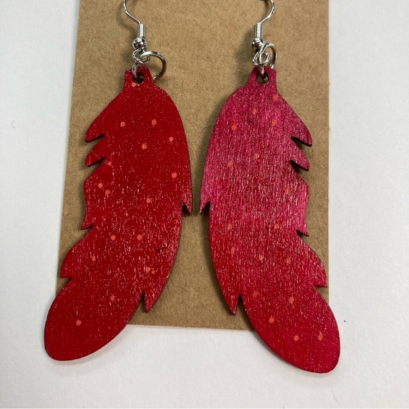 One-of-a-Kind Hand Painted Wooden Feather Earrings - Red and Blue Fall Colors - Picture 3 of 9